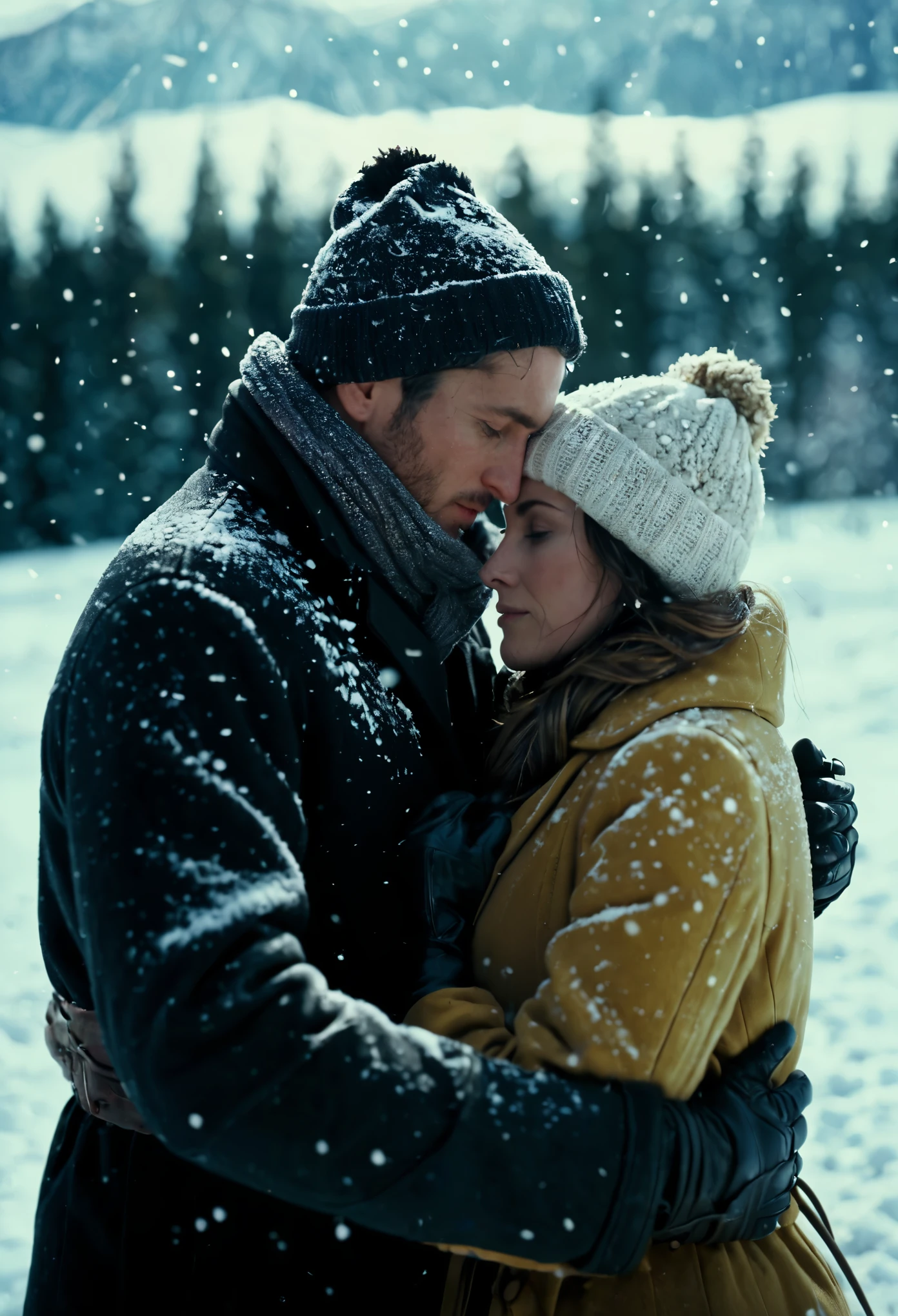 cinematic film still of Cinematic Film stock footage in (arri alexa style) Kodak film print, a man and a woman are embracing in the snow Cinematic Film Style, shallow depth of field, vignette, highly detailed, high budget, bokeh, cinemascope, moody, epic, gorgeous, film grain, grainy