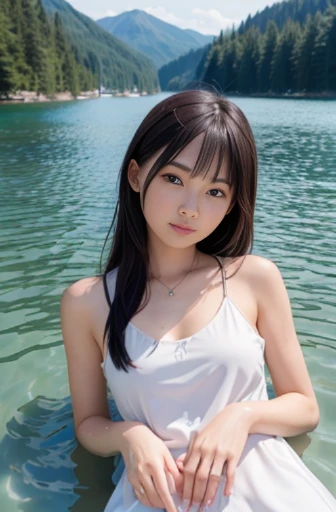 best quality, detailed, beautiful, insanely detailed, absurdres,perfect anatomy,
Japanese woman,black hair,27 years old,
(slender),
(small breasts best quality),
lake, blissful, sleepy, (floating:1.2), messy hair, (plain white dress), (Scene of lying and floating on the surface of the lake:1.2),a single large shooting star falling, (at midnight), full body shot, overhead shot, darkness