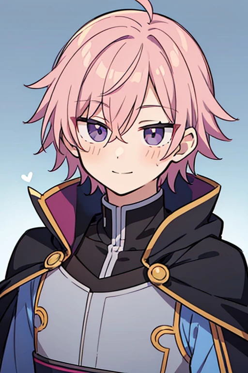 (1 male anime character:1.3),solo,prince,black eyes, very short pink hair, (blue cloak with silver trim:1.1), high-detail digital illustration, (light background:1.1), anime style, strong facial features, contrasting colors,anime,1male,smile,closed mouth