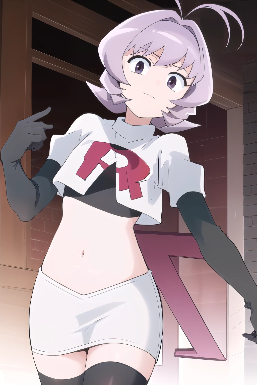 masterpiece, absurdres,male focus, trap, crossdressing,1boy,ON, solo, looking at viewer, team rocket,team rocket uniform,white skirt,red letter R,crop top,black thigh-highs,black elbow gloves, , perfect quality, good quality, masterpiece, HDR, UHD 