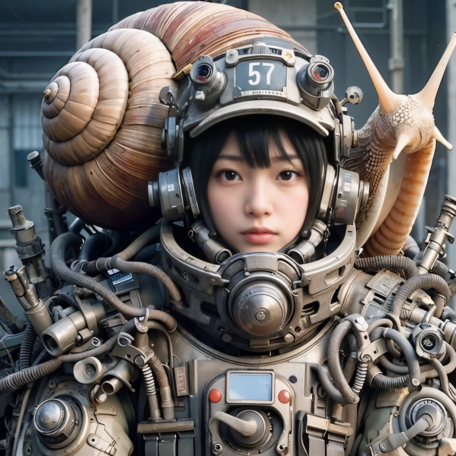 (Masterpiece, Best Quality: 1.2), (8K UHD, 16K, 32K, Ultra High Resolution), (Photorealistic: 1.37), (RAW Photo), Ultimate Reality, Ultimate Realistic Detail, Ultimate Realistic Texture , extremely intricate details (mechanical armor fused with a snail), power pipes, easy to understand, extremely intricate details, Japanese female soldier wearing mechanical armor, extremely cute face, extremely beautiful face, realistic, Full body shot, shot from the dawn of a secret base, cyberpunk