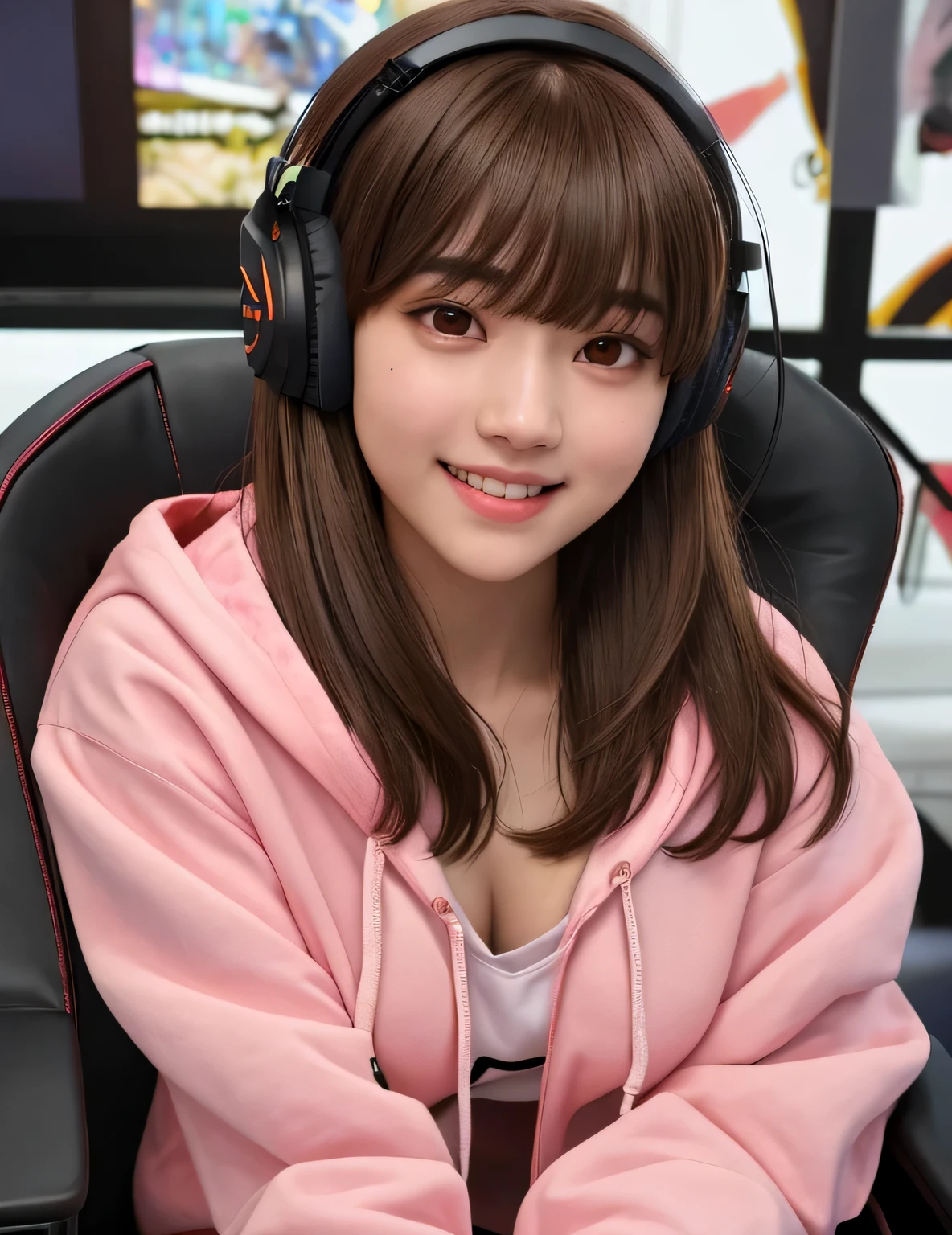 G is, One Girl, Detailed skin, View audience, Brown eyes, (Medium hair with bangs:1.2), (Medium Chest:1.0), (Central areola:0.8),
(Realistic:1.4), (highest quality:1.0), (Ultra-high resolution:1.0), 8k, RAW Photos, (masterpiece:0.2), (Pyros Face_v1:0.5), Pink hoodie, Gaming Chair, headphone, smile