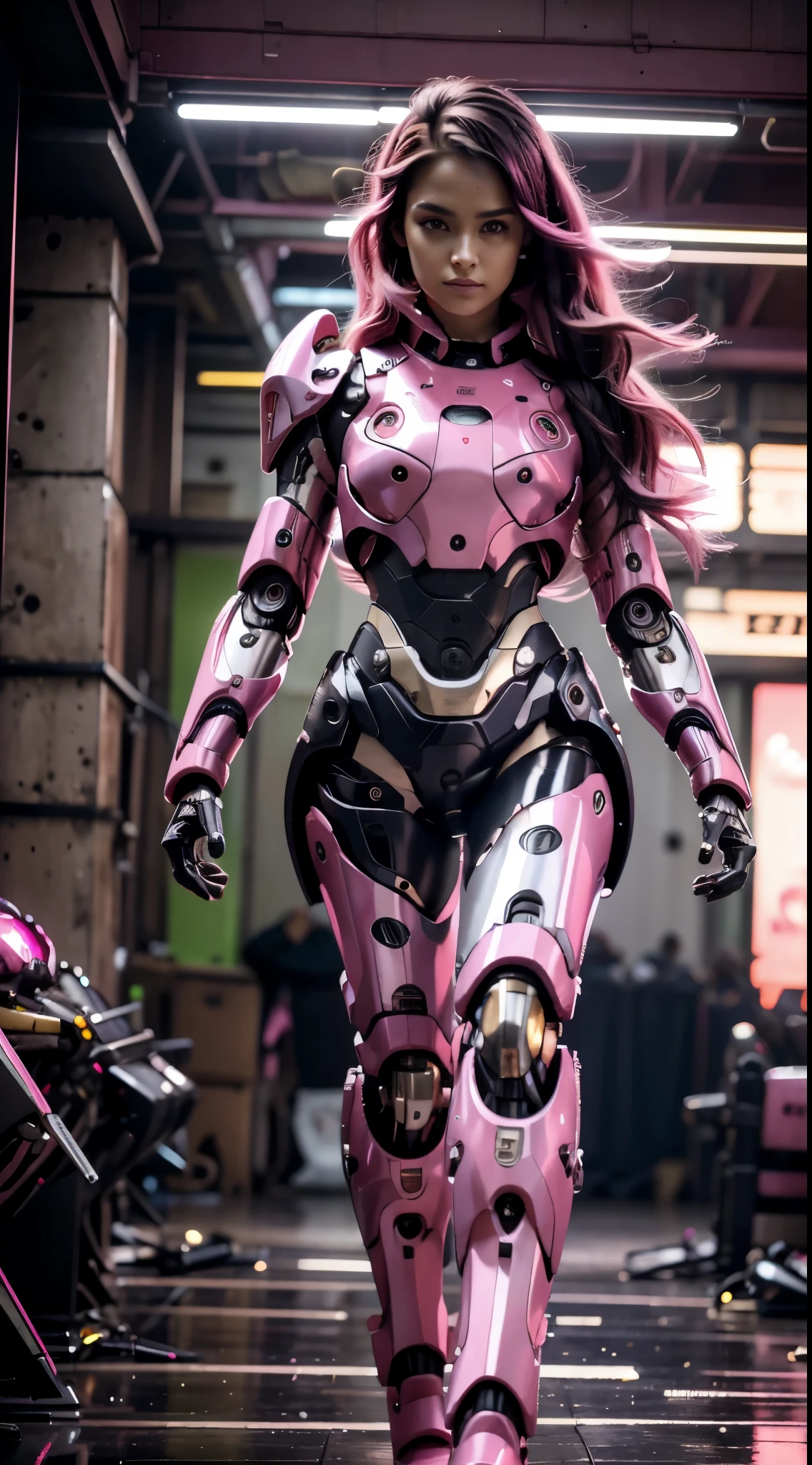 (Muscular:1.8), (thick thighs:1.4), (large round breasts:1), (large muscular chest and shoulders:1.4), FEMALE, brown hair, long brown hair, (big smile:0), (tight mecha arm, tall cute pink cyborg:1.5), looking at viewer, (three quarter view:1.3), upper body view, (sidewalk:1.5), dark lighting, detailed skin, detailed eyes, (dark skin:1.), (very thin waist:1.3), (huge round muscles:1.5), (one protagonist:1.5), (tall:2.1), (pose:1.6),