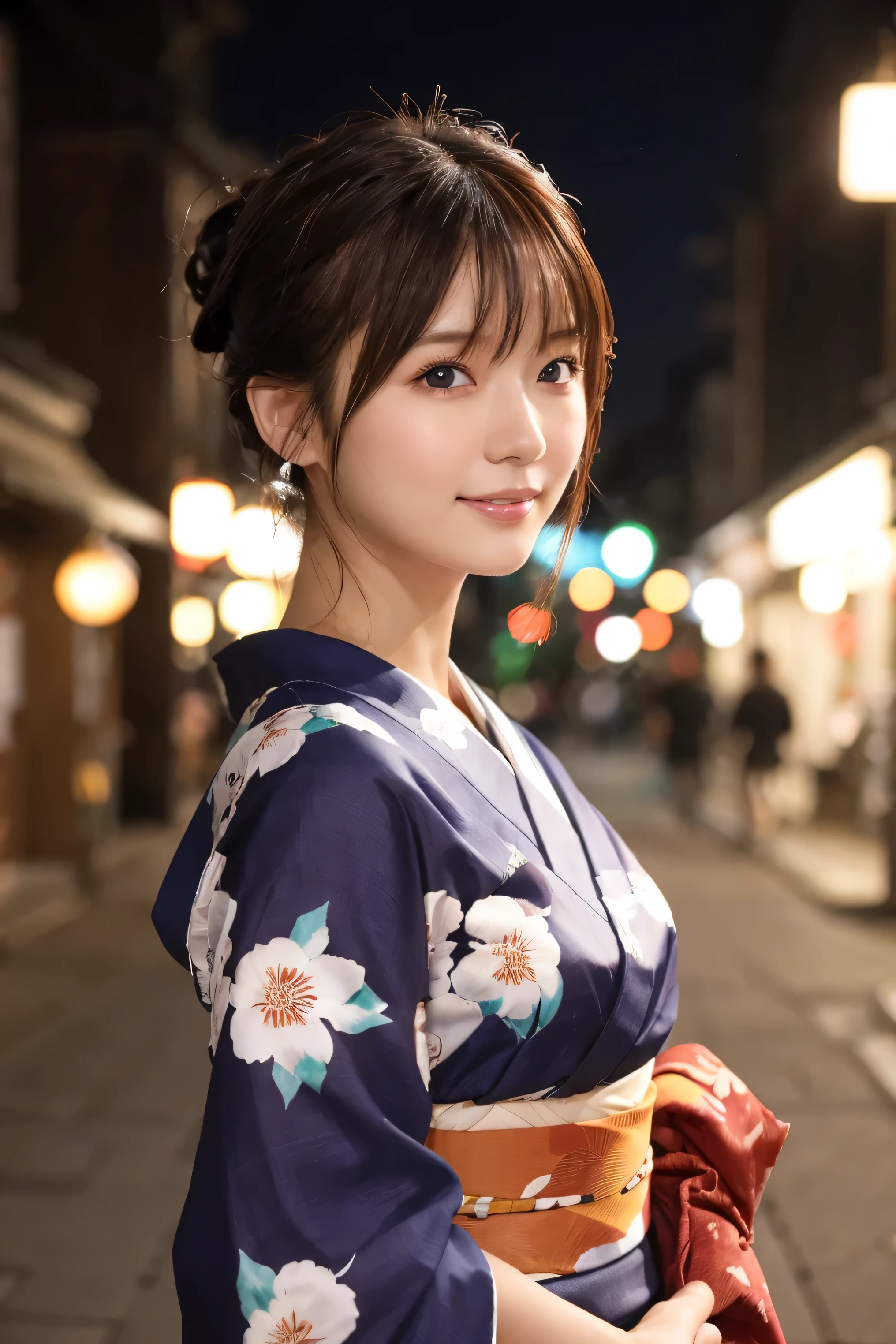 1 girl,Bust up shot、I came to the Kyoto fireworks festival.、{{hair ornaments、There are fireworks in the background、Waist up shot、Drooling eyes、Droopy eyes、Hair tied up、Bun Hair}:1.4}、Snapshots at the night fireworks festival、 {{Very clear and delicate blue eyes}}、(Japanese Kimono、A traditional Japanese yukata from the Showa period, typically in navy blue with floral patterns :1.2), (RAW Photos, highest qualそれy), (Realistic, Realistic:1.4), Tabletop, Very delicate and beautiful, Very detailed, 2k wallpaper, wonderful, finely, Very detailed CG Unlimited 8K wallpaper, Very detailed, High resolution, Soft Light, Beautiful detailed girl, Very detailed目と顔, Beautiful and sophisticated nose, Finely beautiful eyes, Cinema Lighting, Perfect Anatomy, Slender body, Was nervous,
short hair, bangs, Looking at the audience, smile