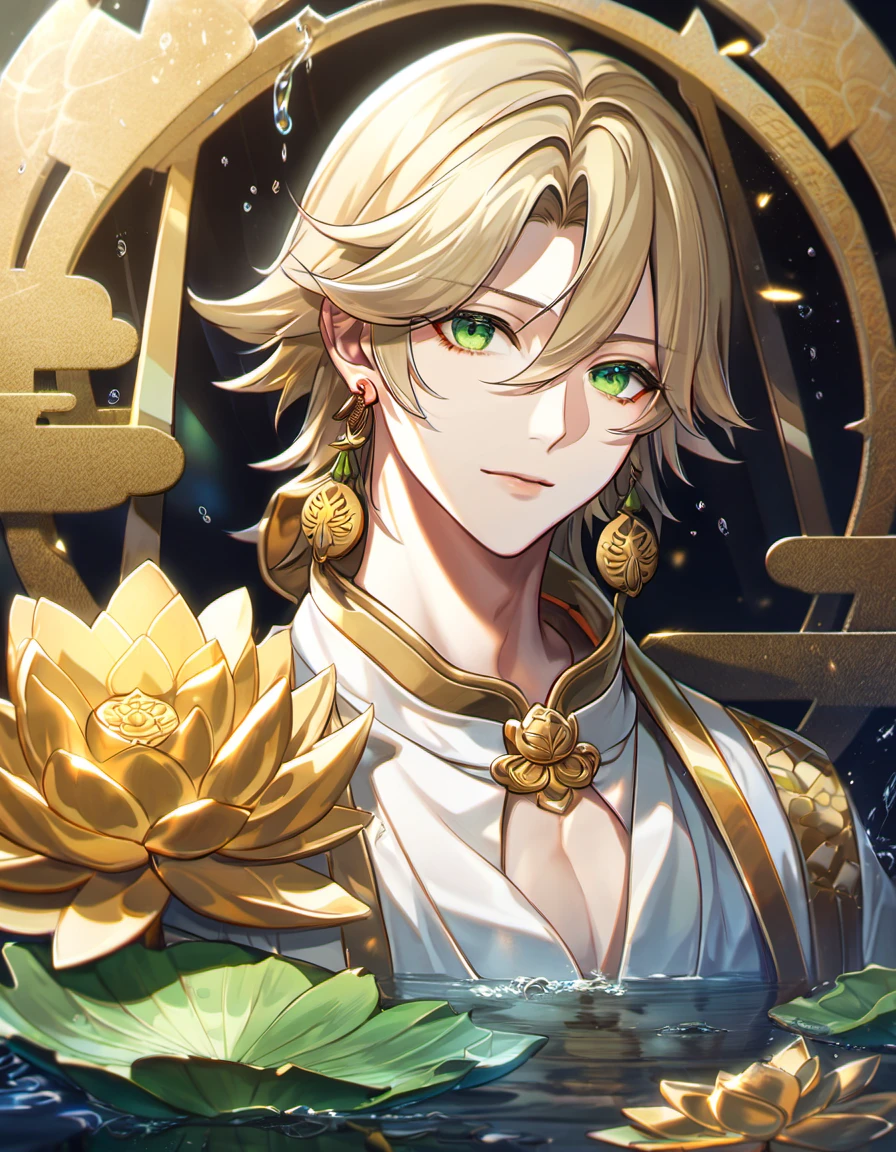(absurdres, highres, ultra detailed, HDR), master piece, best quality, vibrant green eyes, 1man, handsome face, Taishakuten, ash blond hair, hair between the eyes, white tunic, showing the chest, golden lotus earrings, onmyoji, water, lotus
