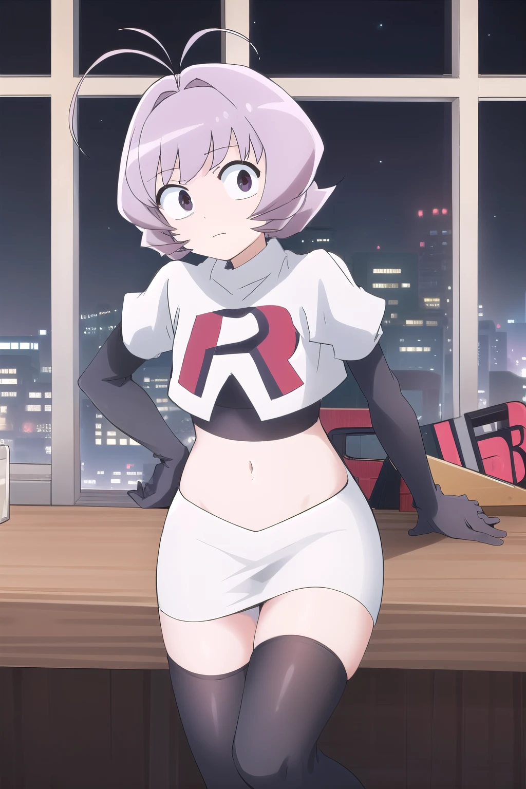 masterpiece, absurdres,male focus, trap, crossdressing,1boy,ON, solo, looking at viewer, team rocket,team rocket uniform,white skirt,red letter R,crop top,black thigh-highs,black elbow gloves, , perfect quality, good quality, masterpiece, HDR, UHD