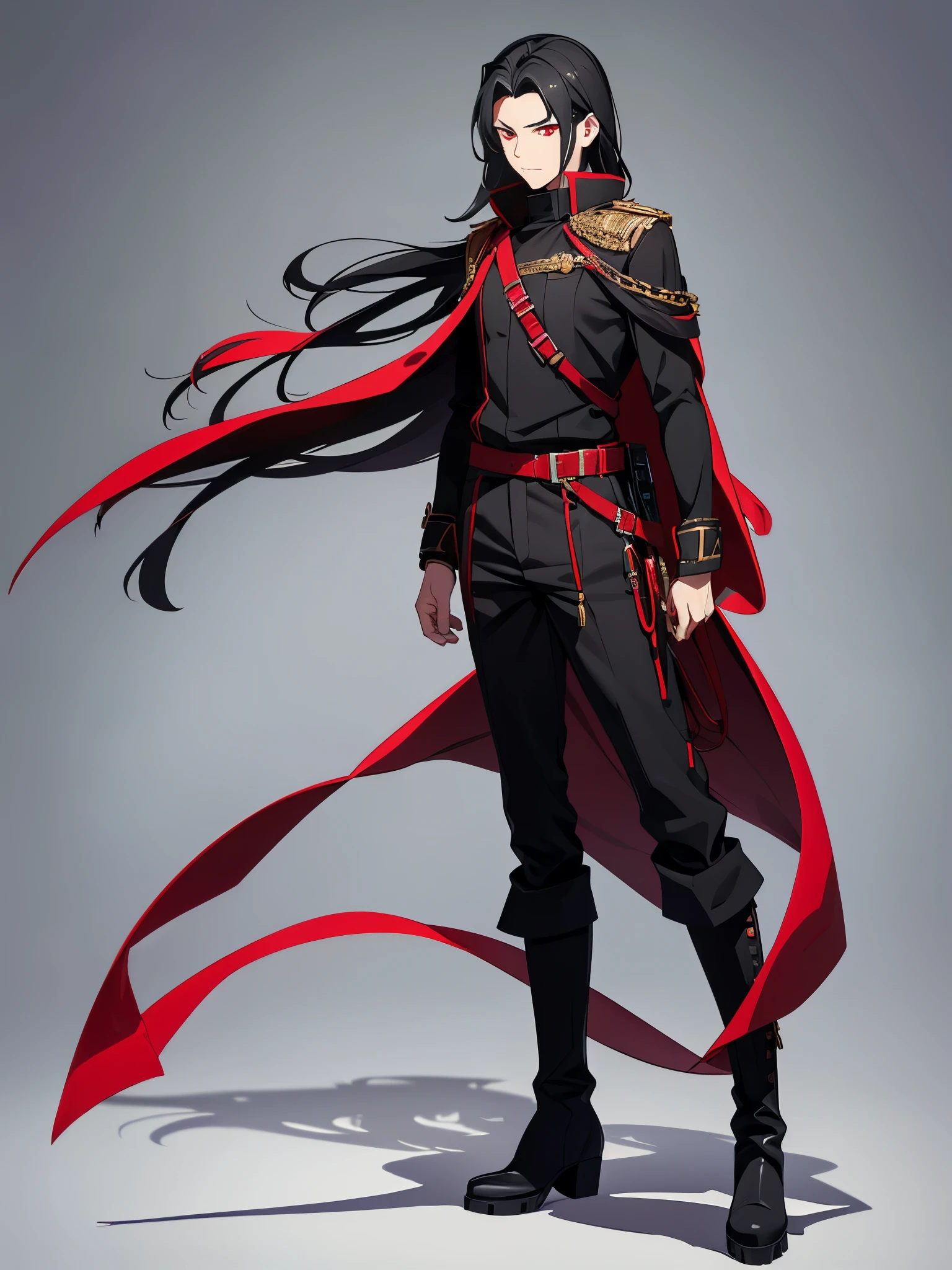 male, black hair, ((red eyes)), ((armed shoulder strap)), ((idol costume)), ((long boots)), ((full body)), ((a boy)), long hair, trousers