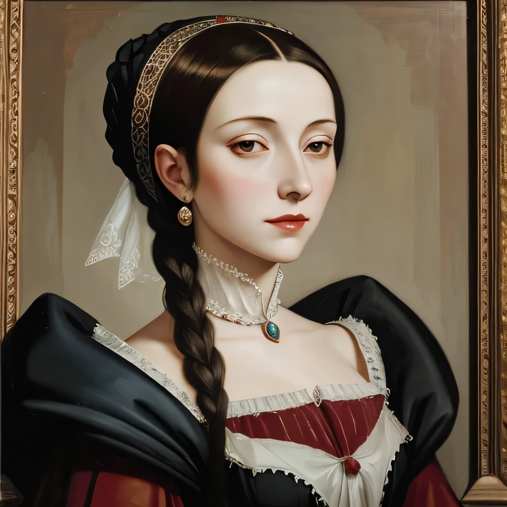  with red eyes and black hair dressed in Tudor era 