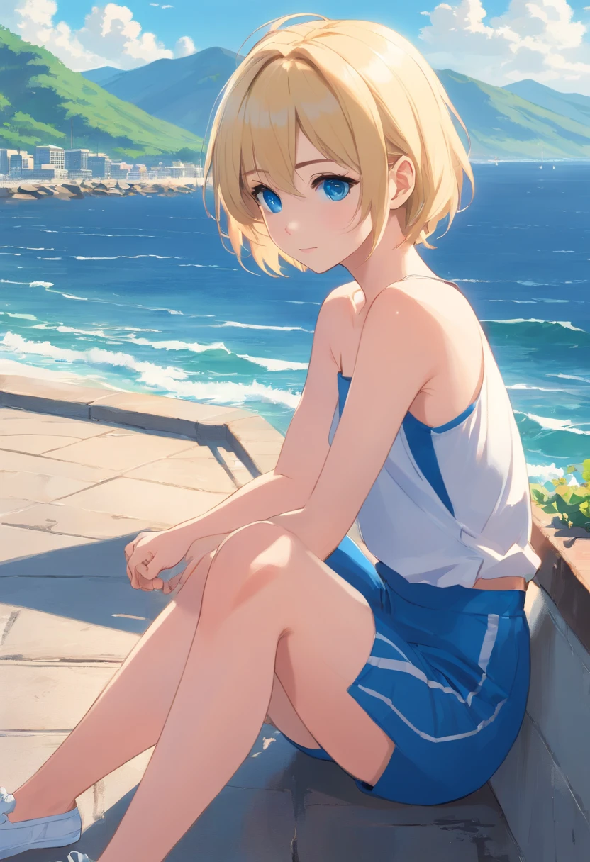 17 years old Women, ((Blonde)), ((Blue eyes)), ((Short hair)), Sitting in front of the sea on a terrace, Wear Carpi pants aun strapless shirt with lines blue and white. Ballerina shoes, ((Full Body)), 