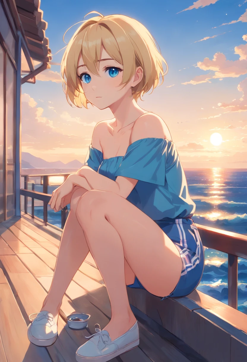 17 years old Women, ((Blonde)), ((Blue eyes)), ((Short hair)), Sitting in front of the sea on a terrace, Wear Carpi pants aun strapless shirt with lines blue and white. Ballerina shoes, ((Full Body)), 