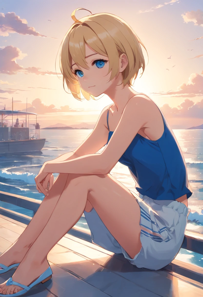  Women, ((Blonde)), ((Blue eyes)), ((Short hair)), Sitting in front of the sea on a terrace, Wear Carpi pants aun strapless shirt with lines blue and white. Ballerina shoes, ((Full Body)), 