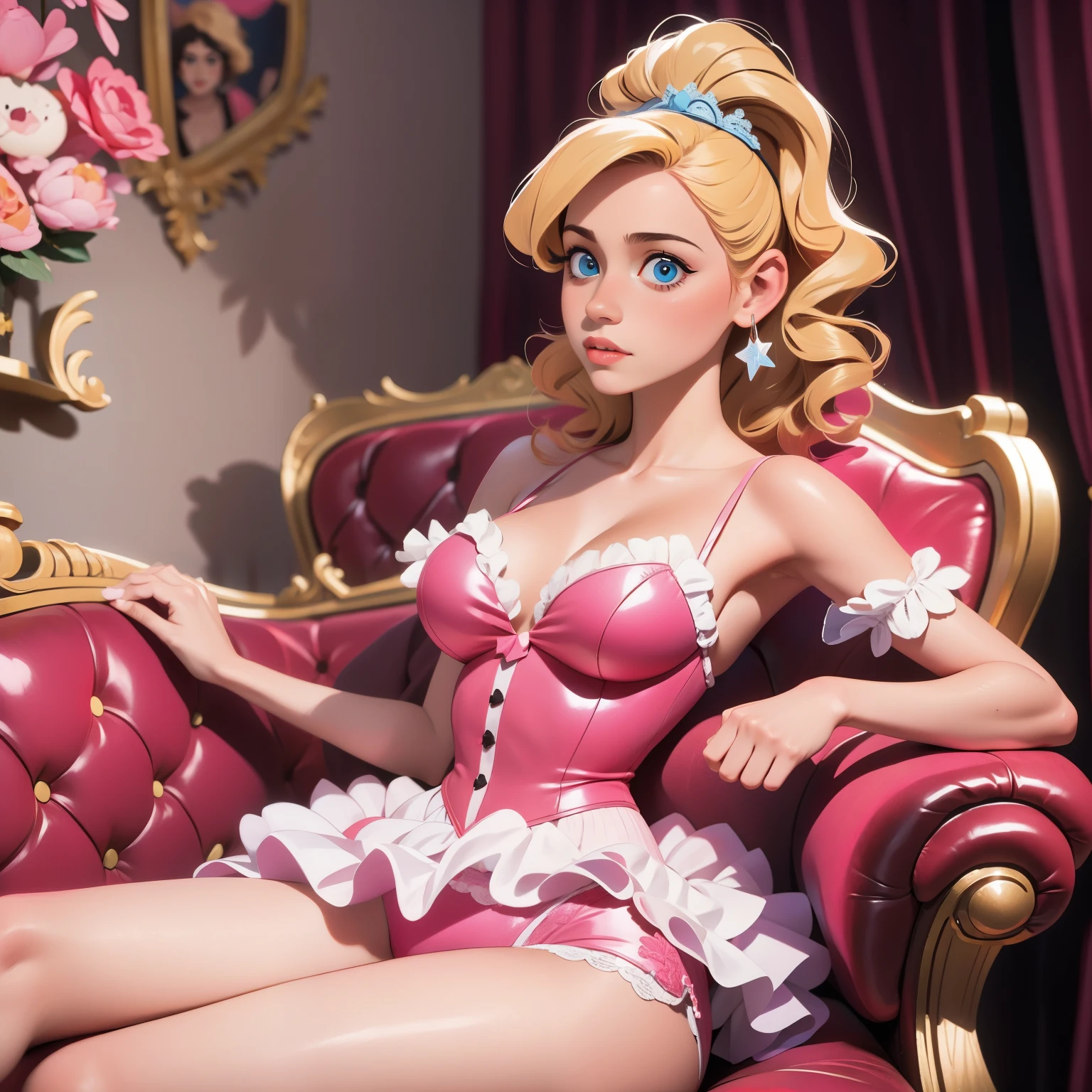 blond woman in a pink tutu posing on a red couch, by David LaChapelle, in style of petra collins, petra collins, # rococo, ellen von unwerth, , , david la chapelle, 1 9 8 6, 1986, steven l photography, tim walker, in style of tim walker