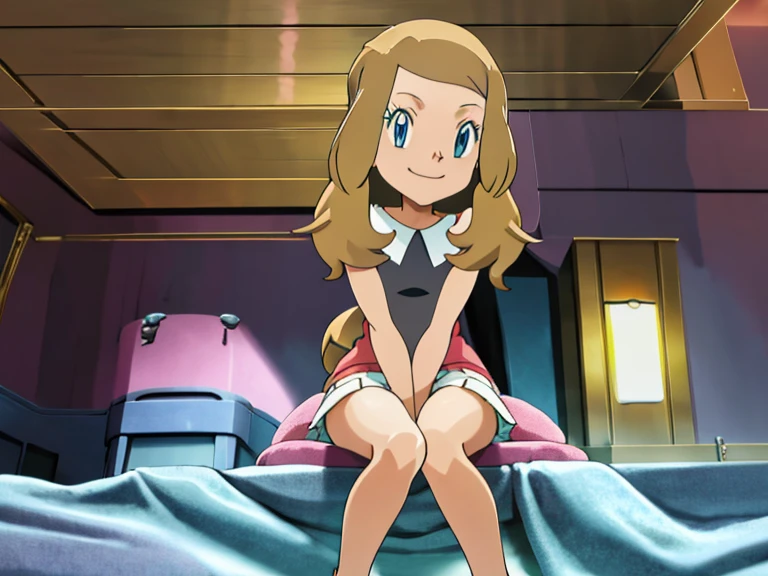 masterpiece, best quality, highres, girl's room, 1girl, solo, serena (pokemon), seductive, underwear, looking at viewer, bare legs, bare feet, side, seated on the bed, closed mouth, smiling.