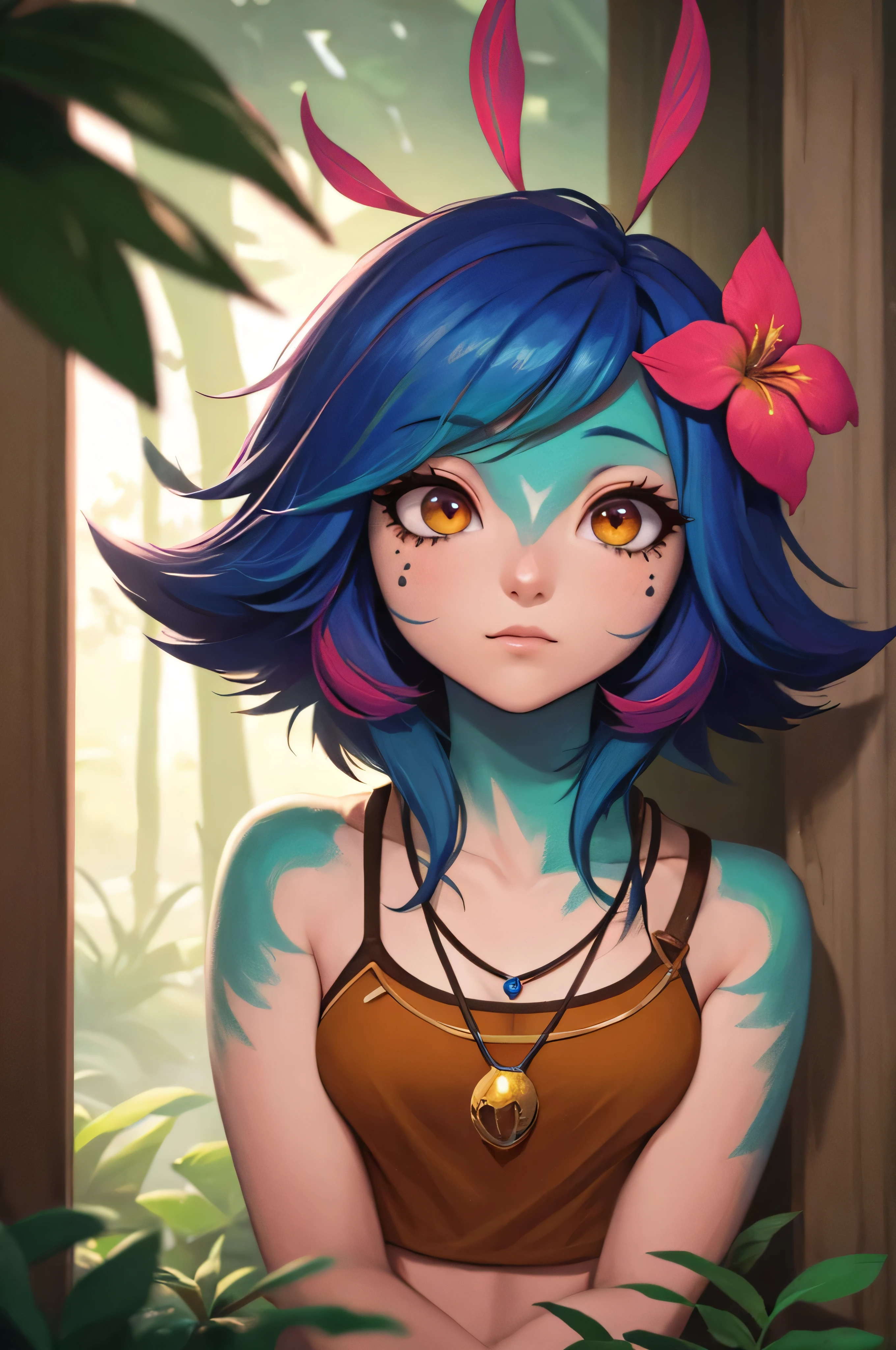 masterpiece,(best quality,top quality,8k),ultra detailed,illustration,painting,detailed eyes and face,anime style,(1girl),neeko, multicolored hair, colored skin,(short hair), facial mark, forehead mark, hair ornament, hair flower, necklace, brown crop top, Lizard tail,sleeping,(looking at viewer),(puffy eyes) ,good contrast , high sharpness,(gorgeous),RAW Photography,(hyperdetailed),jungle,forest,river