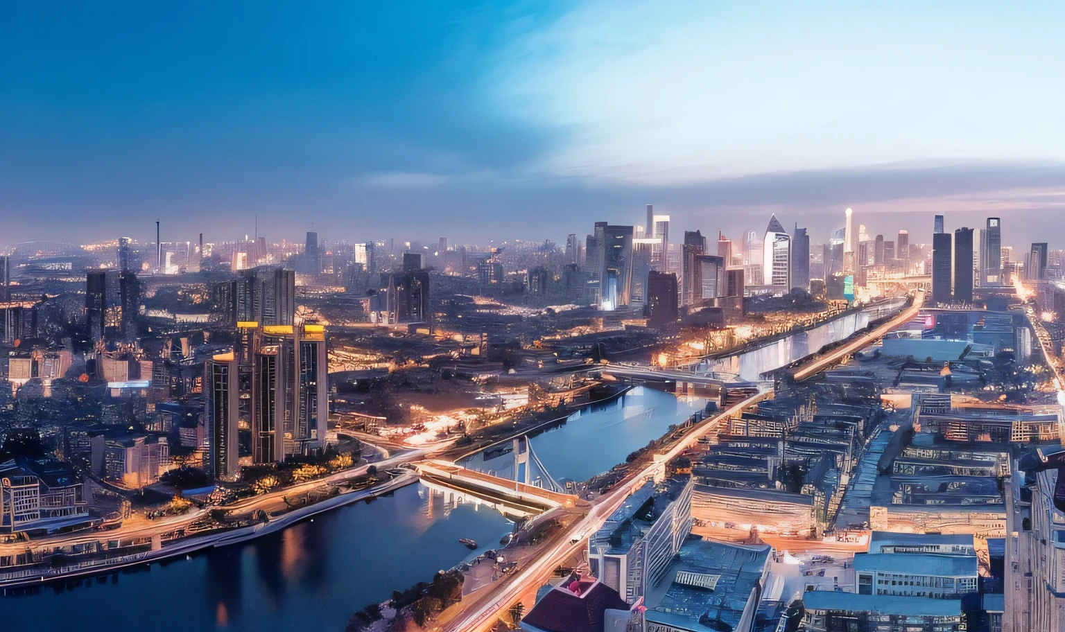 night view of a city，A river runs through it, Drone overlooking the city, Shenzhen, Shanghai, Hangzhou, Shanghai city, Ultra-wide view of the city landscape, aerial view of a city, beautiful cityscape, Big city street seen from above, city dusk landscape, interesting background, beautiful city, author：Bernardino May