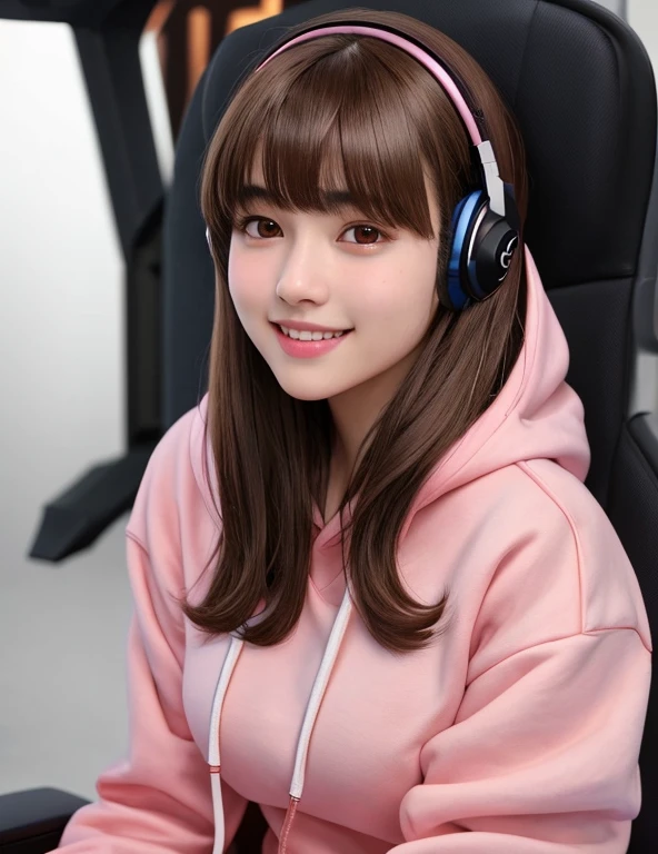 G is, One Girl, Detailed skin, View audience, Brown eyes, (Medium hair with bangs:1.2), (Medium Chest:1.0), (Central areola:0.8), 
(Realistic:1.4), (highest quality:1.0), (Ultra-high resolution:1.0), 8k, RAW Photos, (masterpiece:0.2), (Pyros Face_v1:0.5), Pink hoodie, Gaming Chair, headphone,　smile