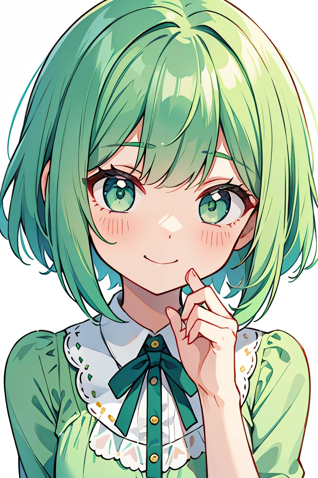 Embarrassed,Say thank you,girl,Smiling face,mint green hair,bob hair,blouse,White background