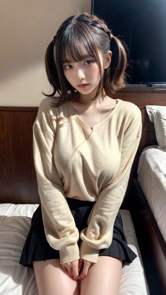 muste piece, best quality, illustration, Super detailed, fine details, High resolution, 8K,wall paper, perfect dynamic composition,(Details High quality, realistic depiction of eyes:1.3), (Fashionable、Beige oversized sweatshirt、long-sleeve), large breasts,short bob hair, black hair color, Big Natural Color Lip, bold sexy pose, crying a little、cold gaze, Harajuku style、20 year old girl、cute type、ta、beautiful legs, hotel room, hposing Gravure Idol, (woman on top, straddling, sitting)