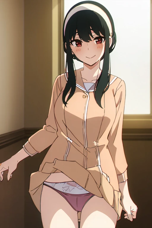 (masterpiece, highest quality: 1.2), alone, 1 girl, alone, ，，((Cotton panties with crotch))，blush，Sailor suit，blazer，your heather, smile, Mouth closed, View your viewers, Long black hair, head band, Earrings, Big Breasts, Medium Waist, Medium Hips, wide thighs, Embarrassing, Charm, smiling with her Mouth closed, Good move.., Excellent anatomy, ((Cotton panties with crotch))，classroom，，Sailor suit，blazer，skirt， (((skirtめくり, I can see your pants)))，