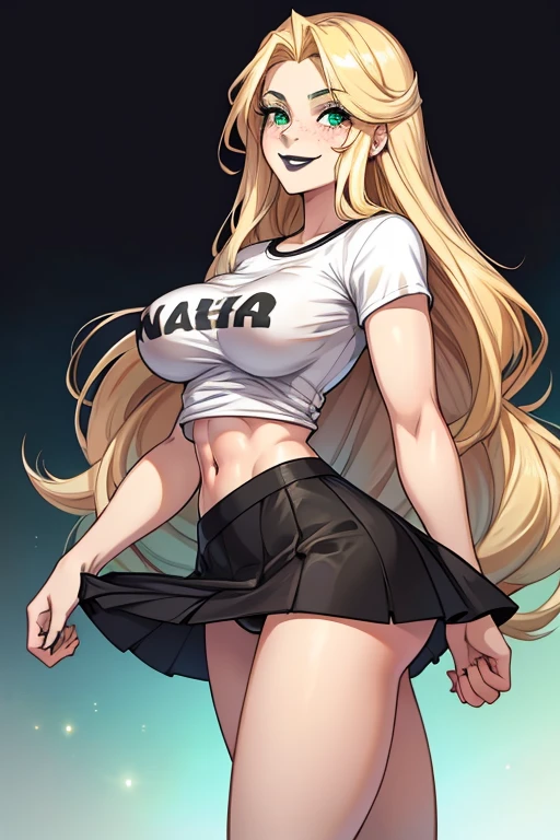 18 year old white woman wearing a t shirt and a skirt to a night party greeting you , long wild blonde hair , black lips , wearing black eye liner, green eyes , perfect shaped ass, medium perky tits, fit body with a 6 pack , freckles , curious smile