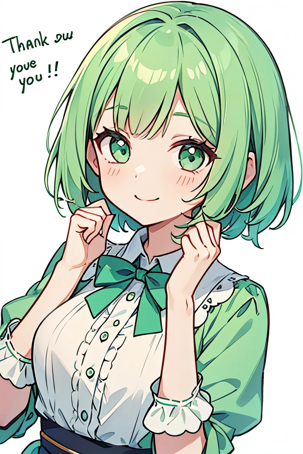Say thank you,thank you,take a bow,girl,Smiling face,mint green hair,bob hair,blouse,White background
