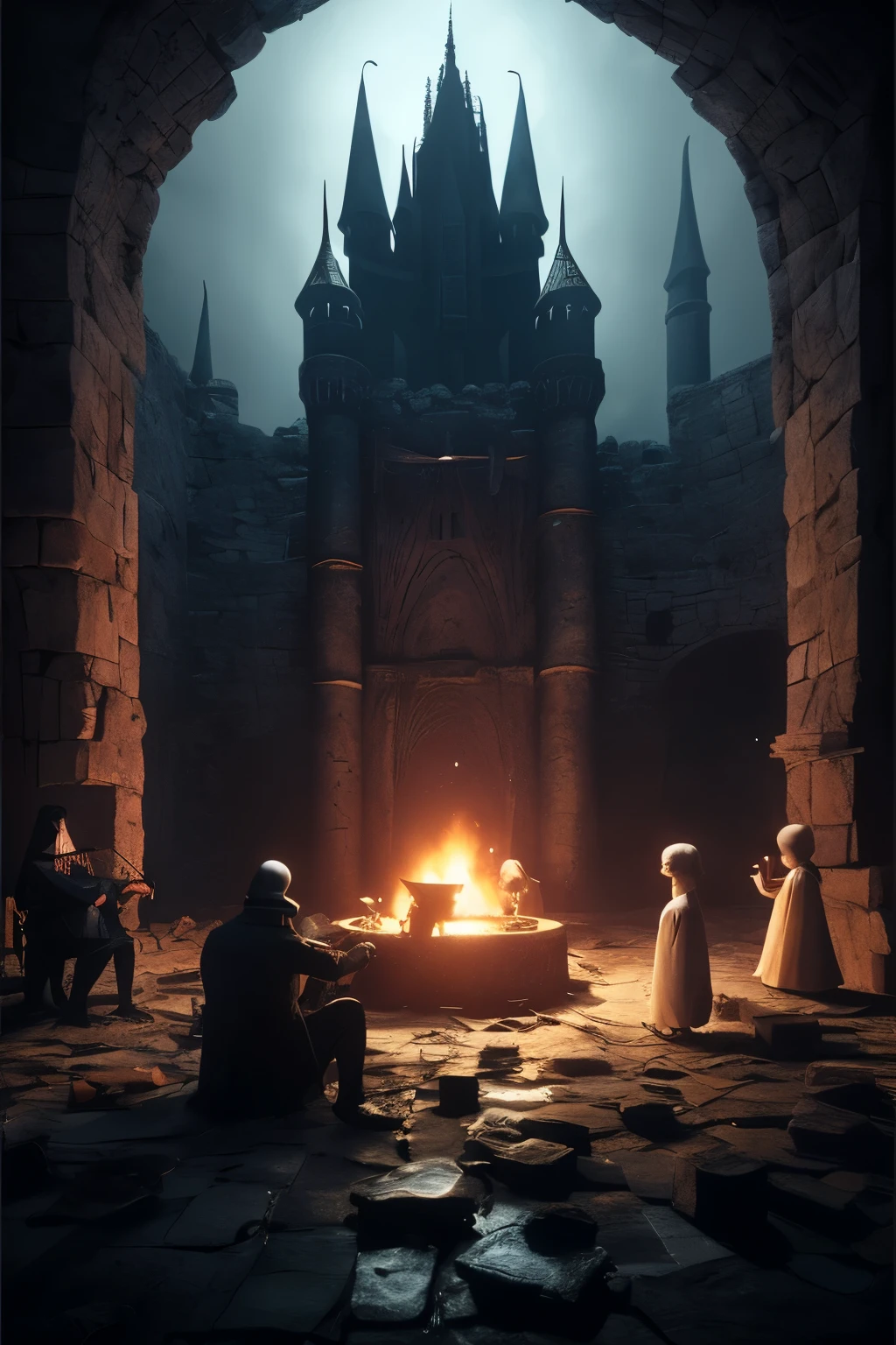 
"Draw in cartoon format an ancient castle, where a vampire named CZF is surrounded by his servants. In the center-right of the scene, the vampire, with a hungry look, is draining the blood of a victim while his servants watch with grim expressions. They have exposed hands and characteristic vampire facial features. The castle around them should also reflect a sense of grandeur and power, with dark architectural elements and well-lit areas. Add details like deep shadows, dark colors, and castle-like textures to intensify the eerie atmosphere. Try to incorporate elements of mutation or deformation into the servants, making them more sinister and grotesque. Frame the scene within a circle, with parts of the composition out of focus and in good proportion, adding an additional layer of visual comfort. Make sure to convey the feeling that something is correct and disturbing in this vampire scene, where horror lurks in every dark corner of the castle."