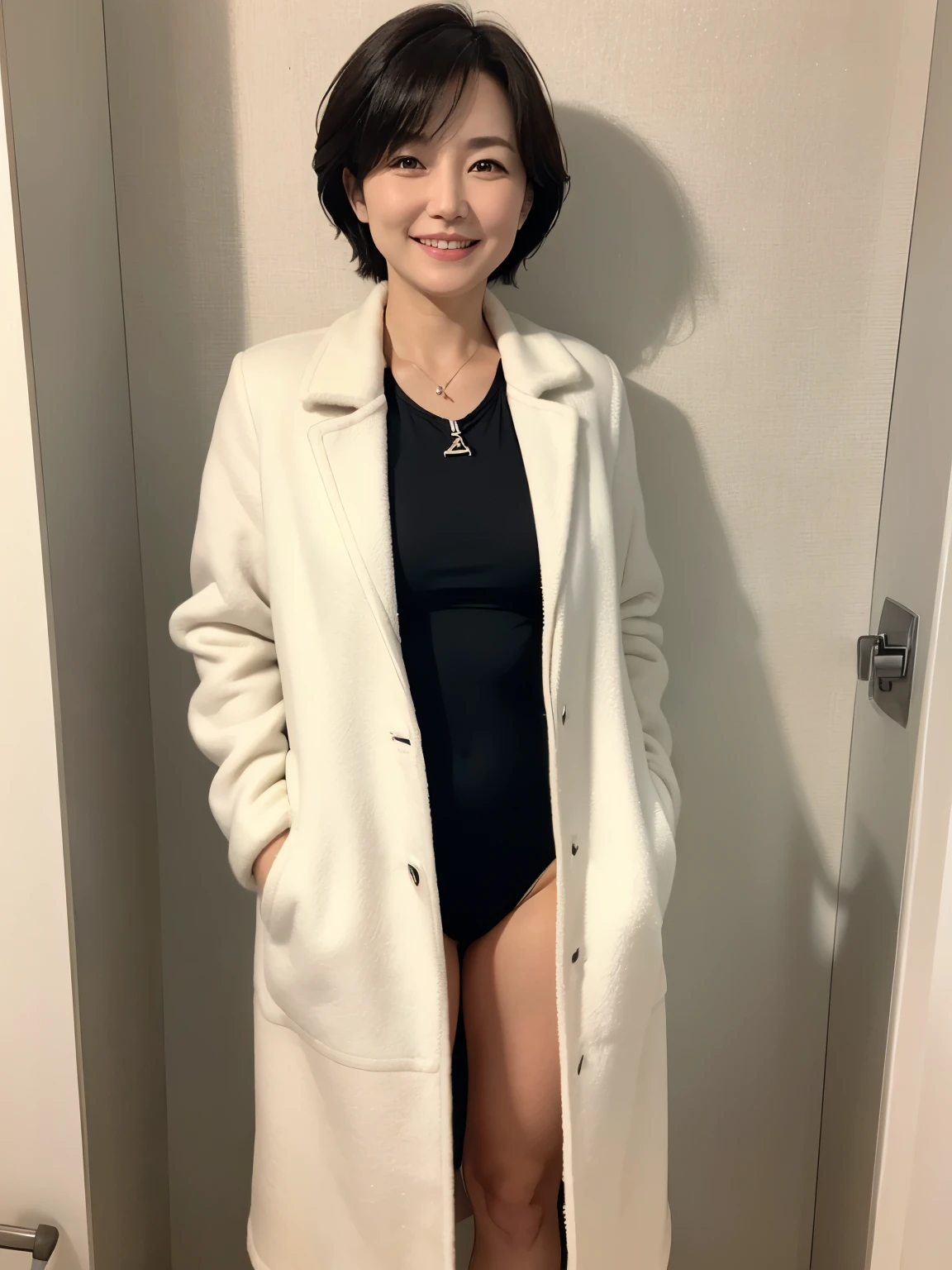 (highest quality:1.2),(Perfect beautiful face:1.2),(Perfect and beautiful posture:1.2), ((mature nurse:1.2), Short Hair),smile,(She is wearing a black sporty swimsuit underneath her white coat.)
