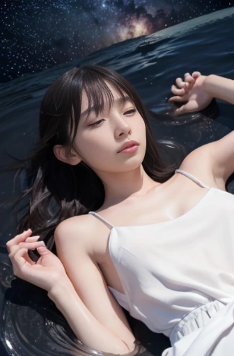 best quality, detailed, beautiful, insanely detailed, absurdres,perfect anatomy,
Japanese woman,black hair,27 years old,
(slender),
(small breasts best quality),full body shot,
lake, blissful, sleepy, (floating:1.2), messy hair, (plain white dress), (A scene where the person is lying on his back and floating on the surface of the lake.:1.2),a single large shooting star falling, (at midnight), overhead shot, (darkness:1.4)