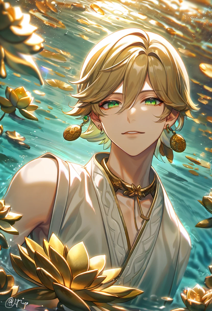 Tayshakuten boy with blonde hair and lotuses smiling