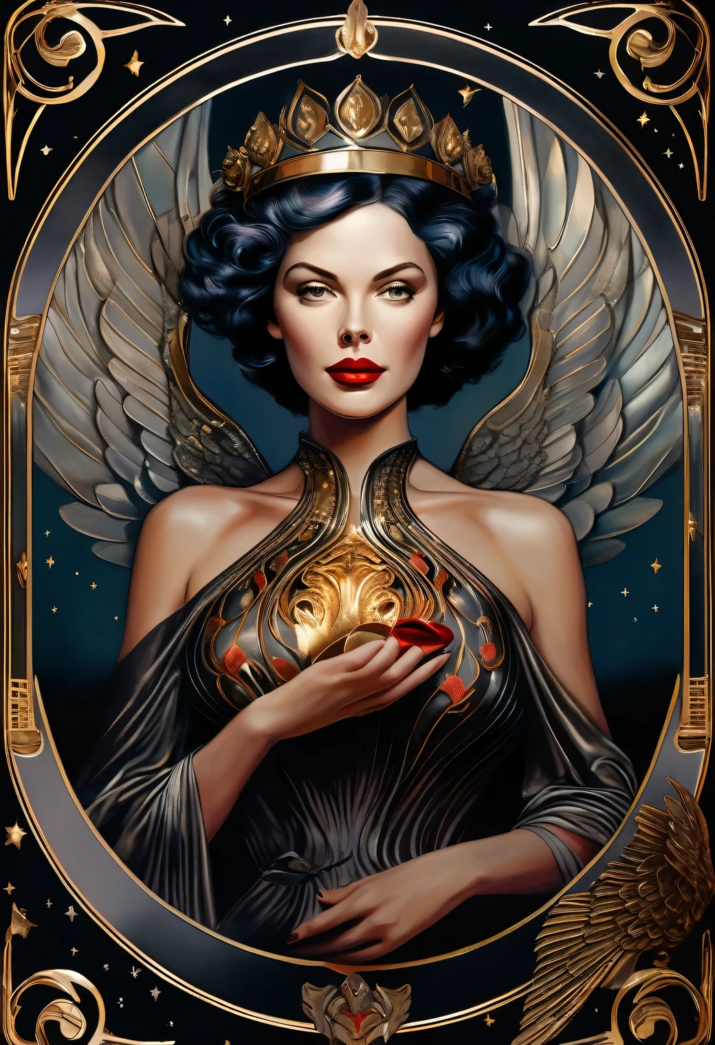 chiaroscuro technique on  illustration of an elegant oldies , best possible quality, adult woman, with her entire body in shiny metallic silver, her face is uncovered but her head and short hair are metallic and point towards the back, She is Caucasian and wears red lipstick, her forearm is uncovered, she has small shiny silver metallic wings, she flies in outer space with open arms, the wings are fixeted in her arms