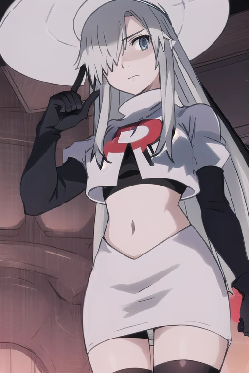 WBC, 1girl, solo, looking at viewer, hat, team rocket,team rocket uniform,white skirt,red letter R,crop top,black thigh-highs,black elbow gloves, fine detail, perfect quality, good quality, masterpiece, HDR, UHD