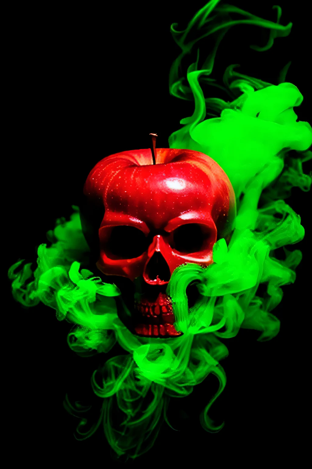 Apple, red green, skull shape, green smoke