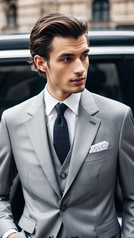 A smart man wearing a classy, shiny gray suit European style