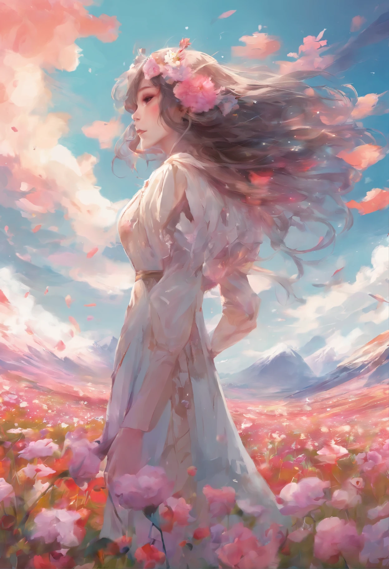 1girl, solo, (flower field:1.2), blossom, clouds and mountains ,(official art, unity 8k wallpaper, ultra detailed, beautiful and aesthetic, masterpiece ,best quality:1.3), ( dynamic angle, pastel tones:1.2), (floating colorful sparkles:1.1) , white dress, elegant, vivid colours, ultra-detailed face, detailed eyes, shiny skin, lustrous lips,