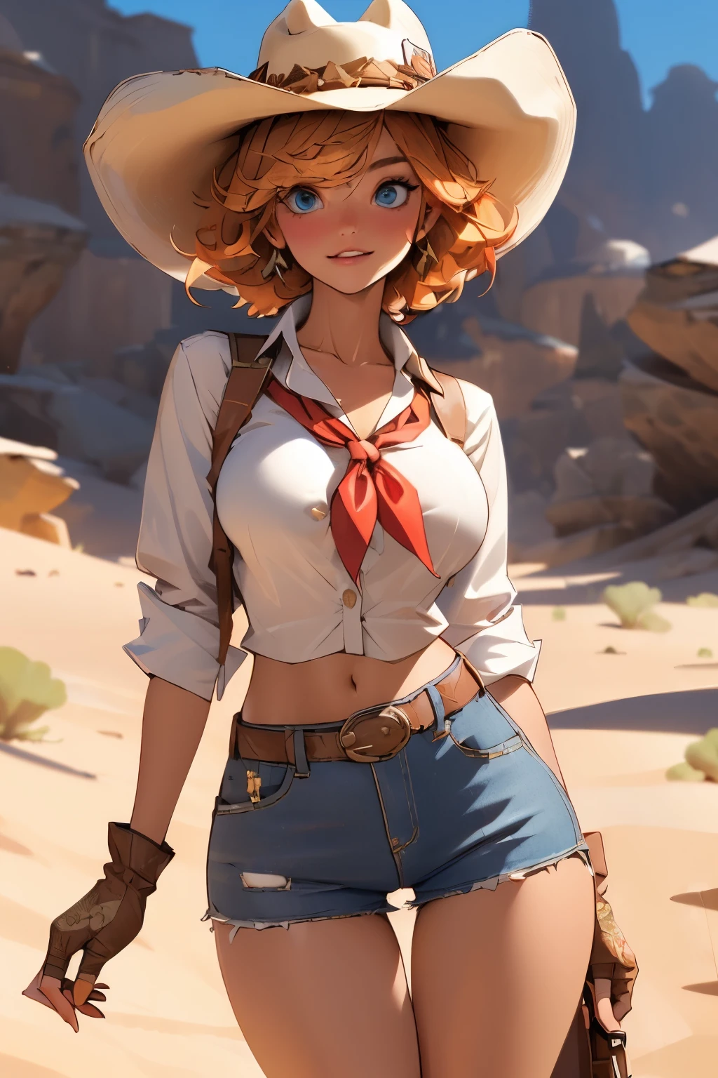 (((((solo))))),(((((masterpiece))))), (((((best quality))))),(((((highly detailed))))), finely detailed, Depth of field, crisp detail, detailed clothes, highres,
1girl, bangs, (beautiful detailed face:1.3), collarbone, collared shirt, ((white shirt)), shirt half open, buttons undone, no bra, several buttons open to show cleavage, show belly, blue eyes, blonde hair, cleavage, ((cowboy)), (cowboy hat:1.3), short gloves. fingerless gloves, hat, medium breasts, navel, neckerchief, red neckerchief, short hair, short shorts, daisy dukes, healthy thighs, gun belt ,cowboy western, sunny desert background, thigh gap, slender knees