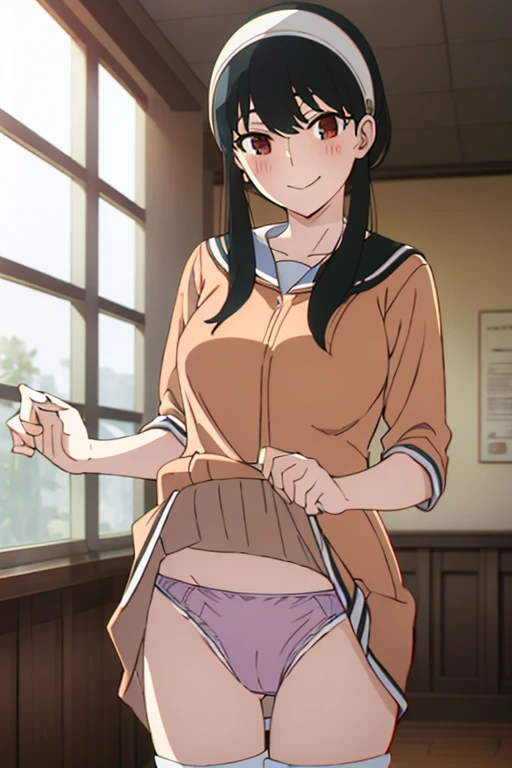 (masterpiece, highest quality: 1.2), alone, 1 girl, alone, ,,((Cotton panties with crotch)),blush,Sailor suit,your heather, smile, Mouth closed, View your viewers, Long black hair, head band, Earrings, Big Breasts, Medium Waist, Medium Hips, wide thighs, Embarrassing, Charm, smiling with her Mouth closed, Good move.., Excellent anatomy, ((Cotton panties with crotch)),classroom,,Sailor suit,skirt, (((skirtめくり, I can see your pants))),