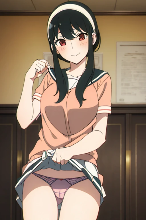 (masterpiece, highest quality: 1.2), alone, 1 girl, alone, ,,((Cotton panties with crotch)),blush,Sailor suit,your heather, smile, Mouth closed, View your viewers, Long black hair, head band, Earrings, Big Breasts, Medium Waist, Medium Hips, wide thighs, Embarrassing, Charm, smiling with her Mouth closed, Good move.., Excellent anatomy, ((Cotton panties with crotch)),classroom,,Sailor suit,skirt, (((skirtめくり, I can see your pants))),