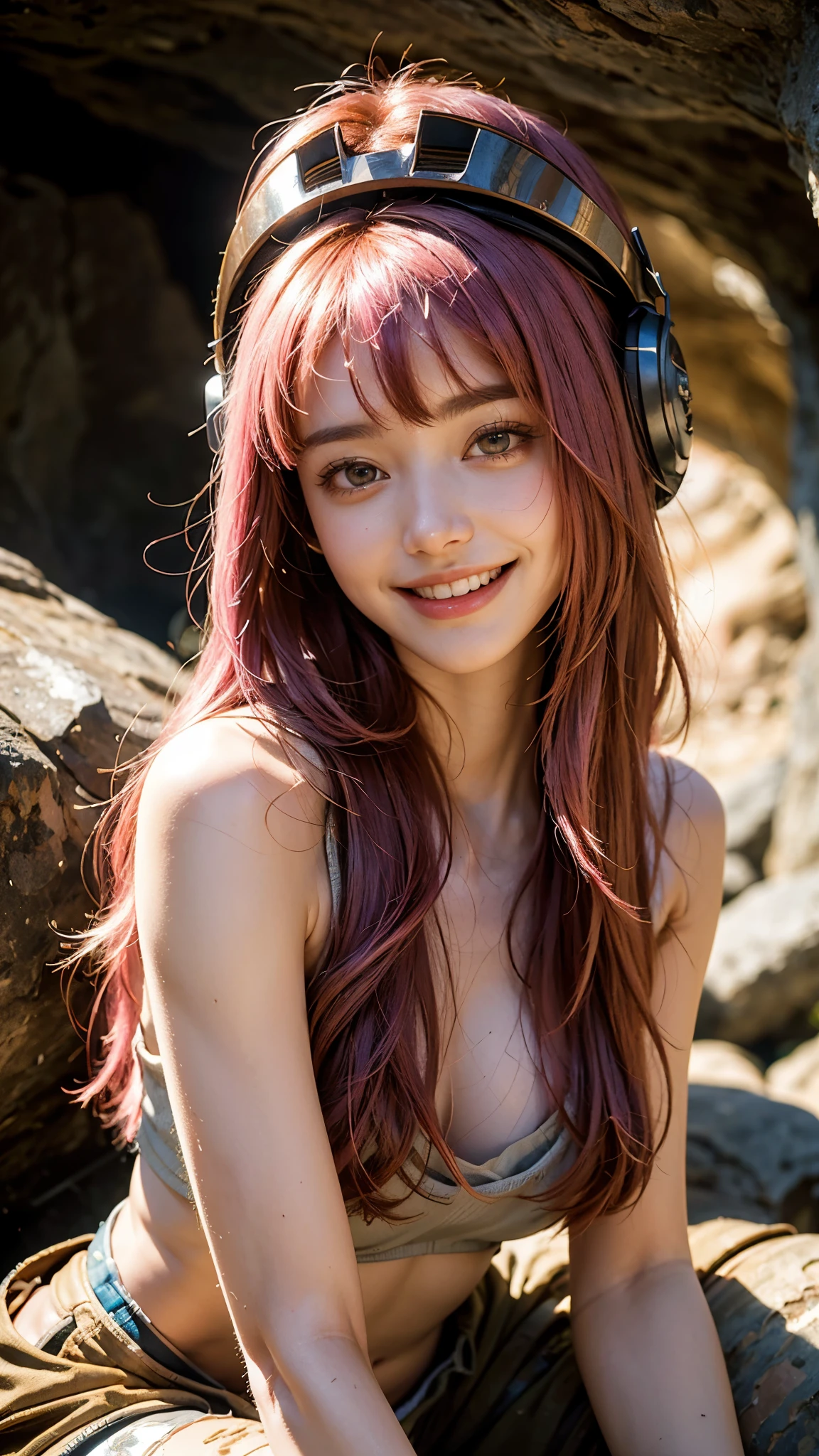 highest quality, masterpiece, Ultra-high resolution, (Realistic:1.4), (Close-up portrait) RAW Photos, 1 girl,20-year-old,Exploration wear with connected top and bottom,((Inside the cave)),(Muddy stains on the face),((Helmet)),((Headlight)),((torches持って)),((Cave exploration)),,((Passionate pink haired gal's make-up)),((torches)),((Smooth and straight hair)),((Cap Chestnut)),((Bangs short)),Realistic,Picture Media Chest)),((Smiling with teeth showing)),((Big smile))