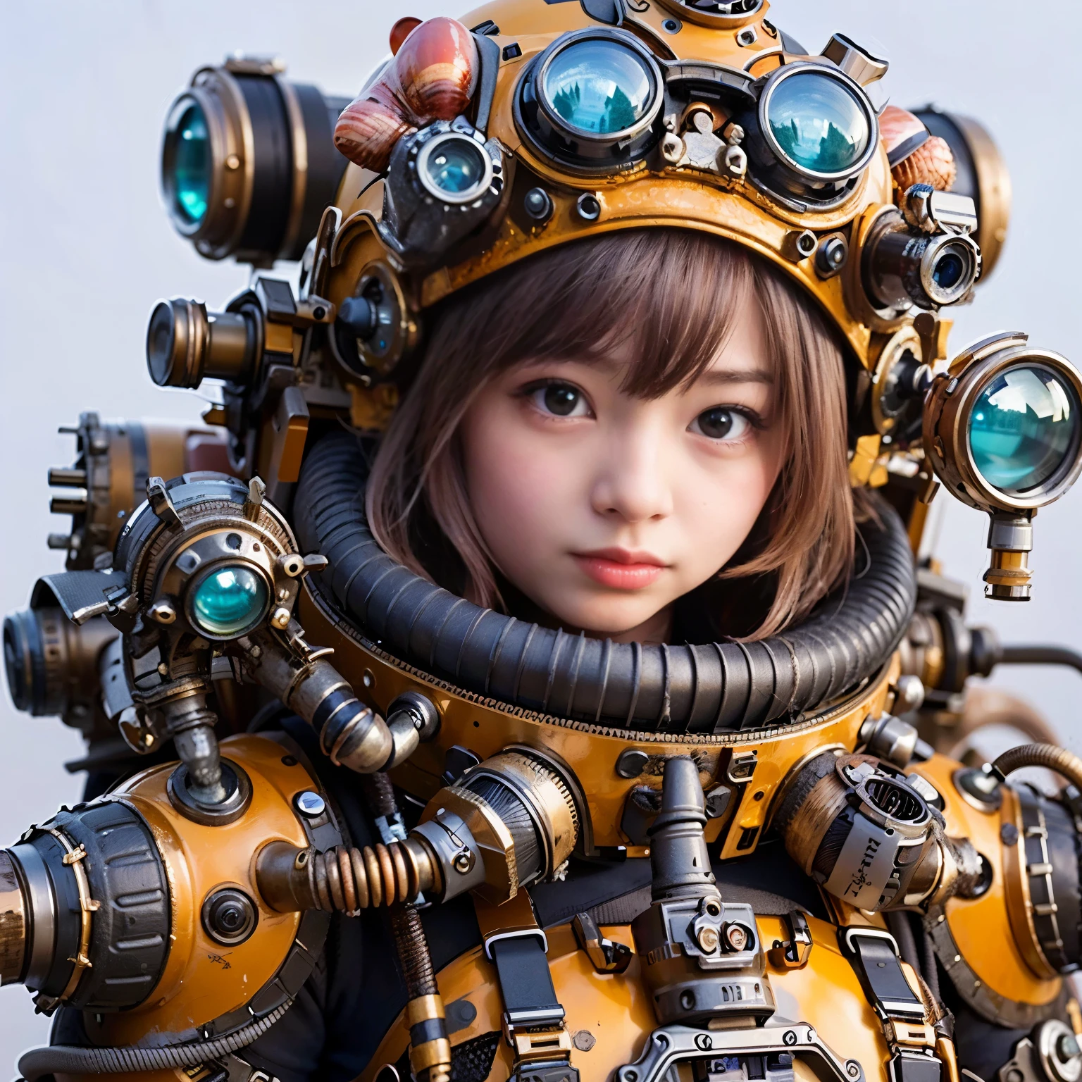 (Masterpiece, Best Quality: 1.2), (8K UHD, 16K, 32K, Ultra High Resolution), (Photorealistic: 1.37), (RAW Photo), Ultimate Reality, Ultimate Realistic Detail, Ultimate Realistic Texture , extremely intricate details (mechanical armor fused with a snail), power pipes, easy to understand, extremely intricate details, Japanese female soldier wearing mechanical armor, extremely cute face, extremely beautiful face, realistic, Full body shot, shot from the dawn of a secret base, cyberpunk