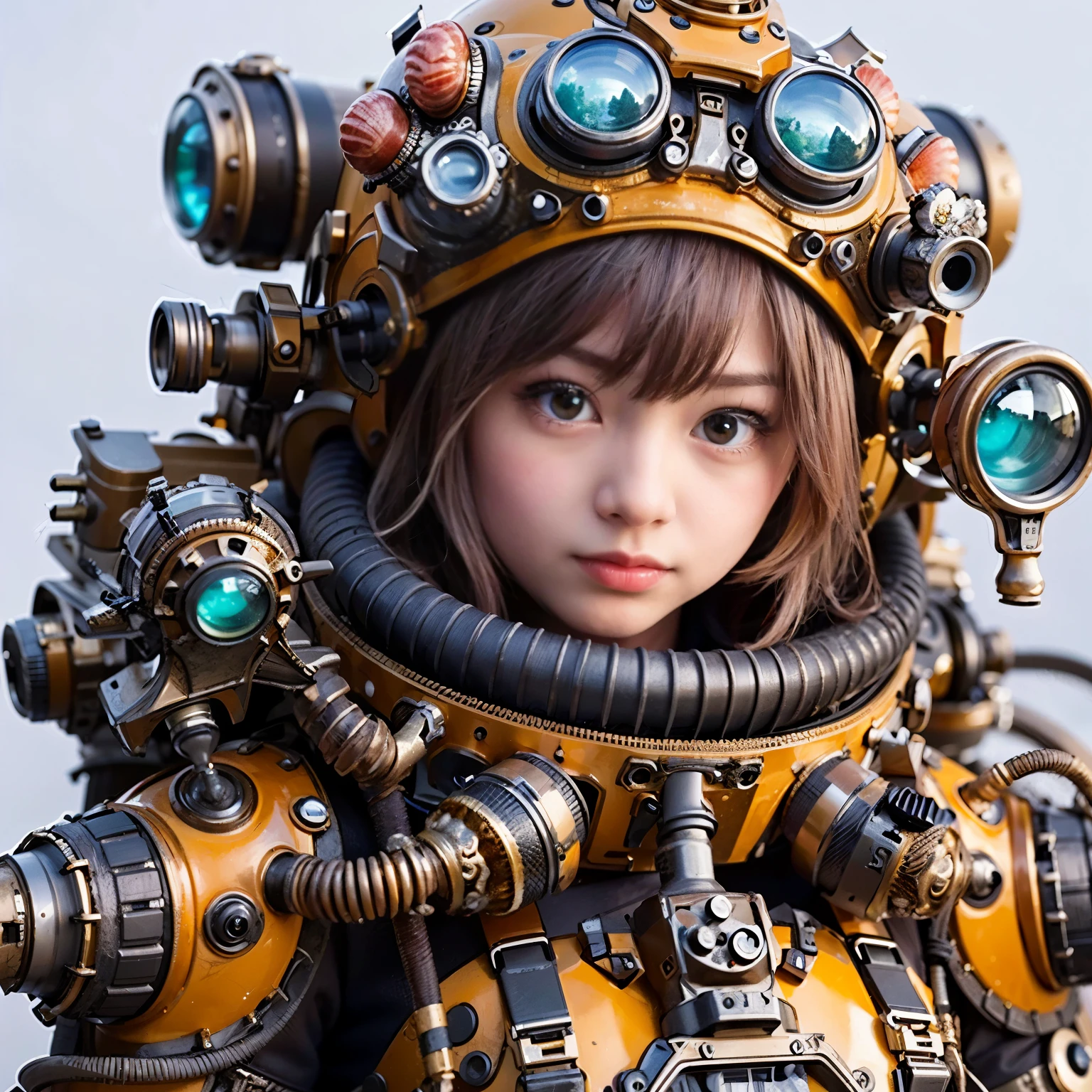 (Masterpiece, Best Quality: 1.2), (8K UHD, 16K, 32K, Ultra High Resolution), (Photorealistic: 1.37), (RAW Photo), Ultimate Reality, Ultimate Realistic Detail, Ultimate Realistic Texture , extremely intricate details (mechanical armor fused with a snail), power pipes, easy to understand, extremely intricate details, Japanese female soldier wearing mechanical armor, extremely cute face, extremely beautiful face, realistic, Full body shot, shot from the dawn of a secret base, cyberpunk