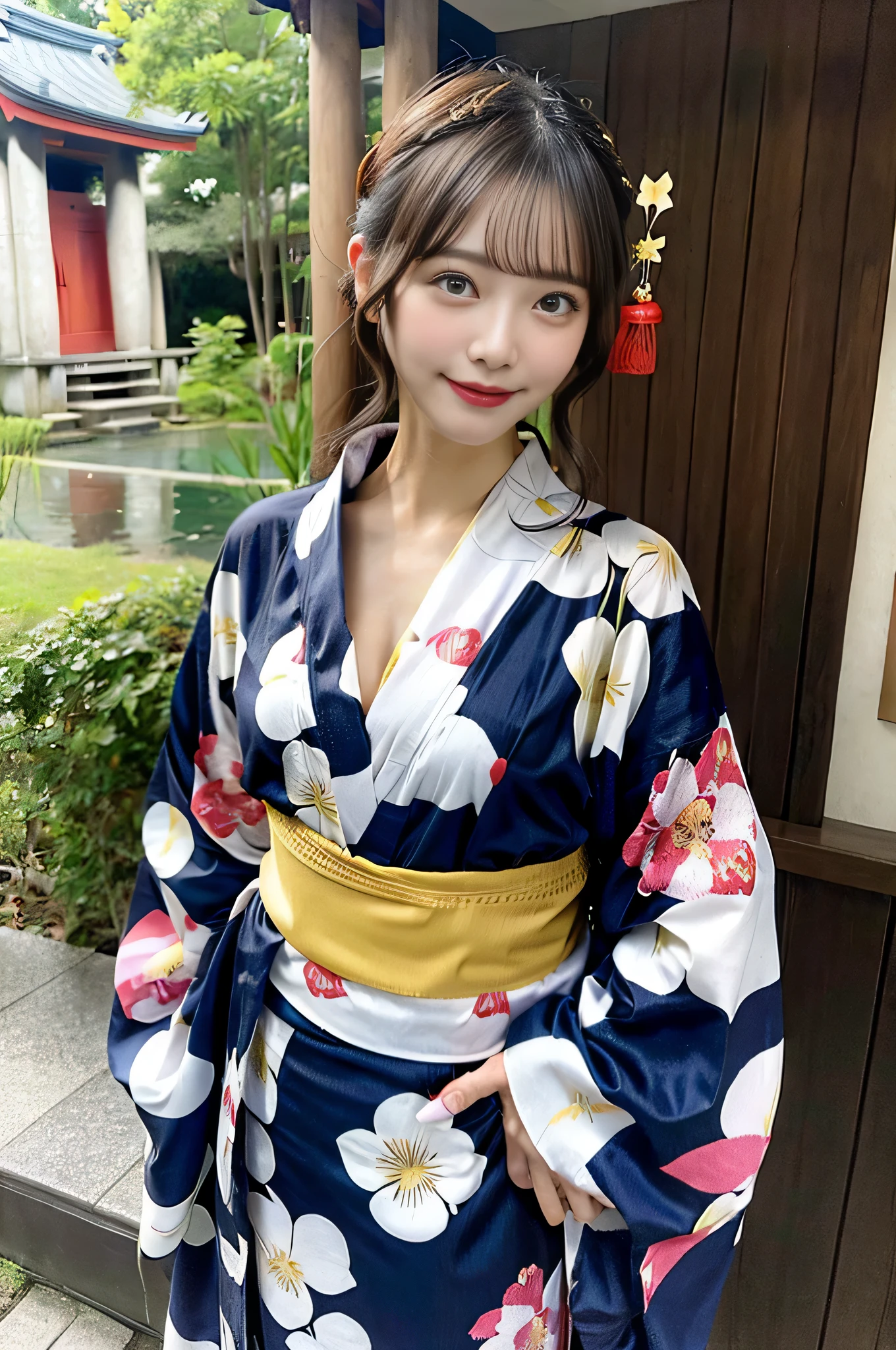 yukata、shrine、Nipples are visible