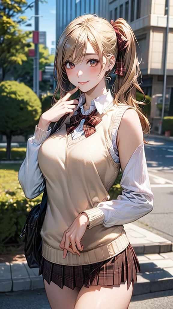 (Masterpiece:1.2, Highest quality), (realistic, photorealistic:1.4), beautiful illustrations, (Natural side lighting, movie light),
looking at the audience, cowboy shoot, front view:0.6, 1 woman, Japan, high school girl, perfect face, The face is cute and symmetrical., Shiny skin,
(long hair:1.8, Twintail:1.7, blonde hair), smooth apart, golden eyes, Long eyelashes, (big breasts:0.8, thick thighs),
Beautiful hair, Beautiful face, Beautifully detailed eyes, beautiful collarbone, beautiful body, Beautiful breasts, beautiful thighs, Beautiful legs, Beautiful fingers,
((Long sleeve white collared shirt, Light brown plaid mini skirt, sock, brown loafers, red pleated bow, Beige sleeveless knit vest)), pink panties,
(beautiful scenery), evening, Riverside, walking place, hand on chest, (A cute smile, upper eye),