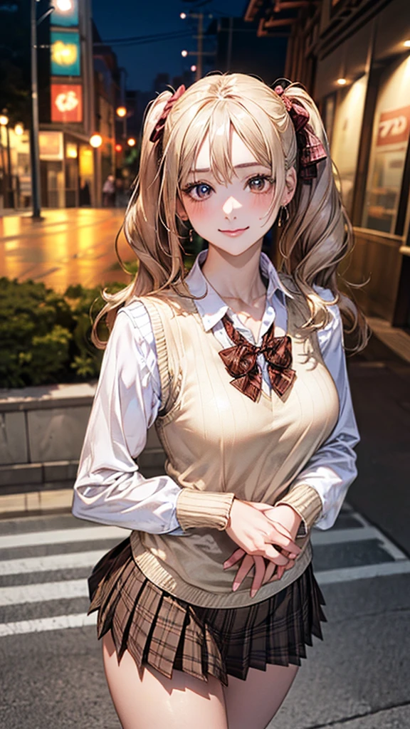 (Masterpiece:1.2, Highest quality), (realistic, photorealistic:1.4), beautiful illustrations, (Natural side lighting, movie light), 
looking at the audience, cowboy shoot, front view:0.6, 1 woman, Japan, high school girl, perfect face, The face is cute and symmetrical., Shiny skin, 
(long hair:1.8, Twintail:1.7, blonde hair), smooth apart, golden eyes, Long eyelashes, (big breasts:0.8, thick thighs), 
Beautiful hair, Beautiful face, Beautifully detailed eyes, beautiful collarbone, beautiful body, Beautiful breasts, beautiful thighs, Beautiful legs, Beautiful fingers, 
((Long sleeve white collared shirt, Light brown plaid mini skirt, sock, brown loafers, red pleated bow, Beige sleeveless knit vest)), pink panties, 
(beautiful scenery), evening, Riverside, walking place, hand on chest, (A cute smile, upper eye), 