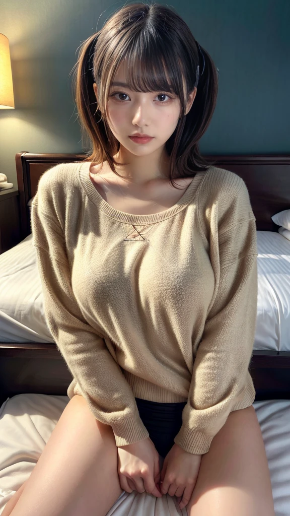 muste piece, best quality, illustration, Super detailed, fine details, High resolution, 8K,wall paper, perfect dynamic composition,(Details High quality, realistic depiction of eyes:1.3), (Fashionable、Beige oversized sweatshirt、long-sleeve), large breasts,short bob hair, black hair color, Big Natural Color Lip, bold sexy pose, crying a little、cold gaze, Harajuku style、20 year old girl、cute type、lolita、beautiful legs, hotel room, hposing Gravure Idol, (woman on top, straddling, sitting)