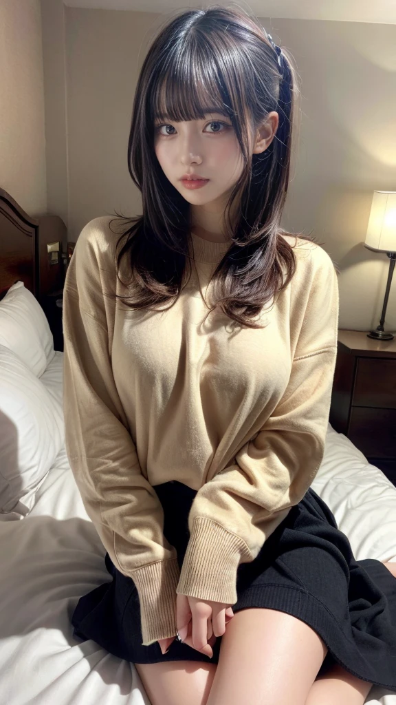 muste piece, best quality, illustration, Super detailed, fine details, High resolution, 8K,wall paper, perfect dynamic composition,(Details High quality, realistic depiction of eyes:1.3), (Fashionable、Beige oversized sweatshirt、long-sleeve), large breasts,short bob hair, black hair color, Big Natural Color Lip, bold sexy pose, crying a little、cold gaze, Harajuku style、20 year old girl、cute type、lolita、beautiful legs, hotel room, hposing Gravure Idol, (woman on top, straddling, sitting)