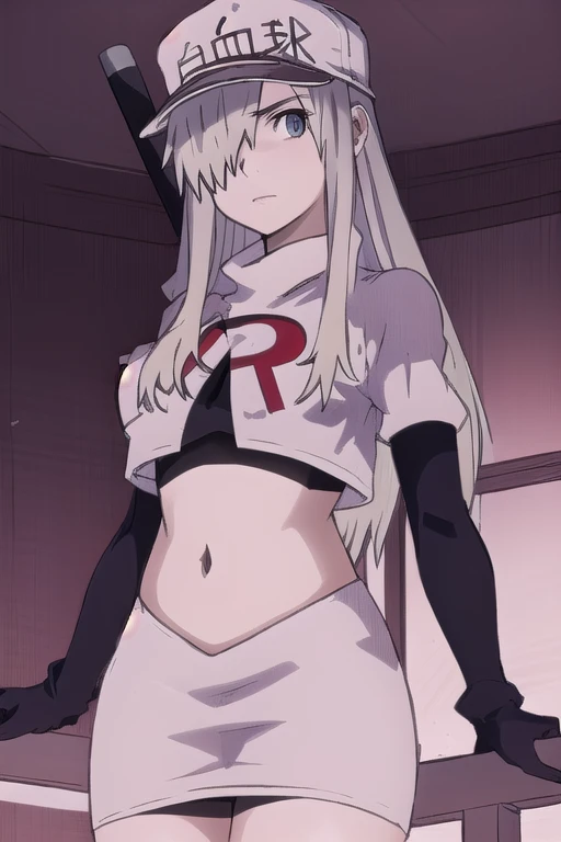 WBC, 1girl, solo, looking at viewer, hat, team rocket,team rocket uniform,white skirt,red letter R,crop top,black thigh-highs,black elbow gloves, fine detail, perfect quality, good quality, masterpiece, HDR, UHD