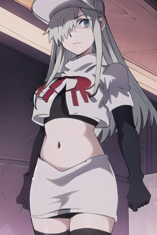 WBC, 1girl, solo, looking at viewer, hat, team rocket,team rocket uniform,white skirt,red letter R,crop top,black thigh-highs,black elbow gloves, fine detail, perfect quality, good quality, masterpiece, HDR, UHD