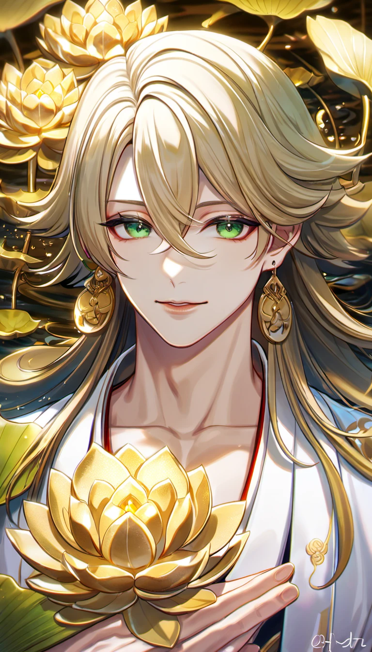 (absurdres, highres, ultra detailed, HDR), master piece, best quality, vibrant green eyes, 1man, handsome face, Taishakuten, ash blond hair, hair between the eyes, white tunic, showing the chest, golden lotus earrings, onmyoji, water, lotus