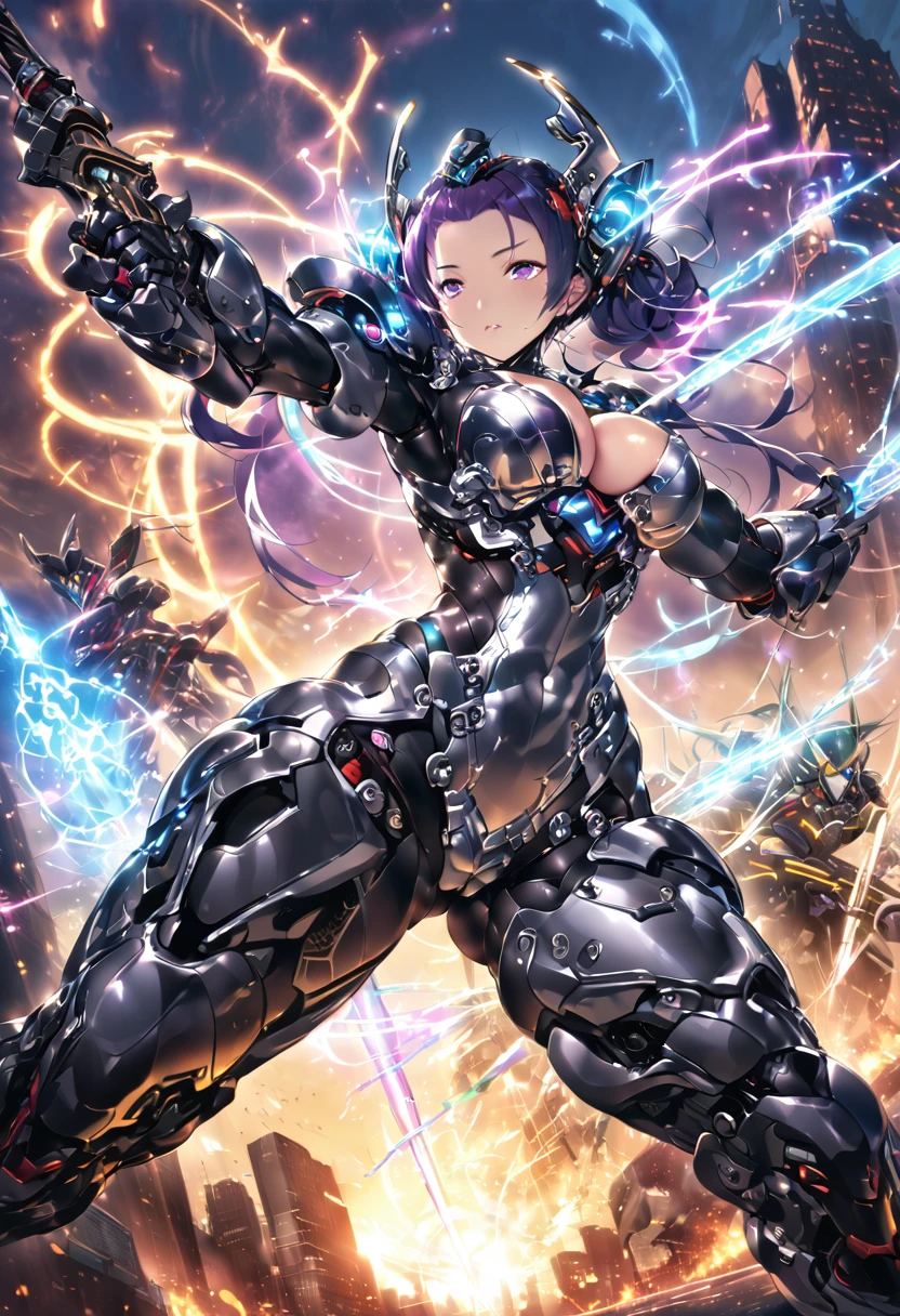 (masterpiece), (best quality:1.4), (perfect anatomy:1.4), high quality, expressive eyes, full body, tall girl, detailed face, beautiful face, perfect face, breasts, cleavage, gloves, A photograph of mid-twenties Japanese female android made of shiny white and silver translucent glass and plastic, geisha makeup and hairstyle, silver metal internal body mechanisms, dynamic pose, flowing organic construction, glowing golden circuitry, colorful neon trim, glowing circuitry, neon trim, depth of field focus f/2.8, art by H.R. Giger, Greg Rutowski, bodysuit, thick thighs, toned, emblem, superhero, dynamic lighting, 4k resolution, dynamic pose, weapon, energy weapon, cover, mecha musume, fortified suit, mechanical parts, headgear, robot joints, bodysuit, deva battle suit, gloves,