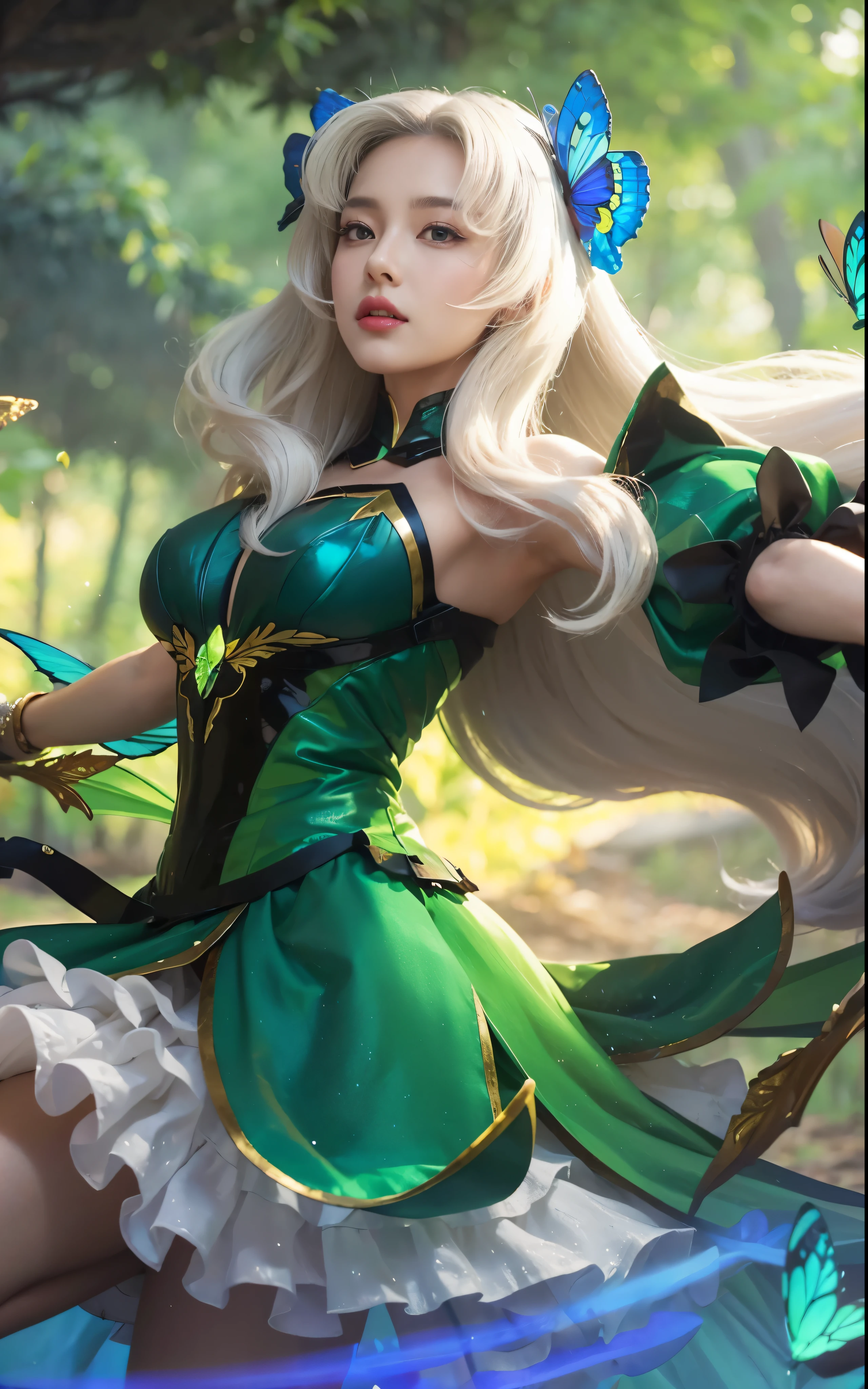 (butterfly:1.1),(woman:1.1),(close-up),(extremely detailed),(artgerm),(alluring),(princess),(knight),(artgerm on artstation),(artgerm on pixiv),(fey),(queen),(summer forest),(white hair),(emerald),(princess)